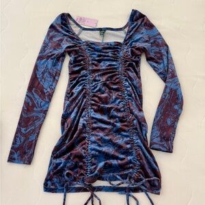 Beautiful Blue and Brown Ruched Long Sleeve Going Out Dress S